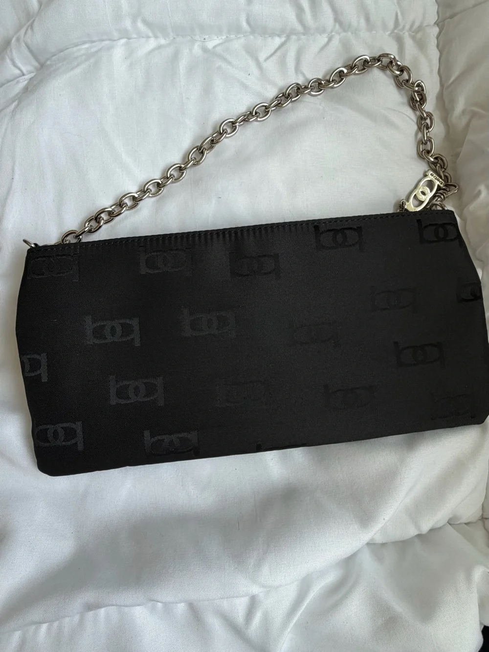 bebe Black Satin Jacquard Chain-Handle Clutch